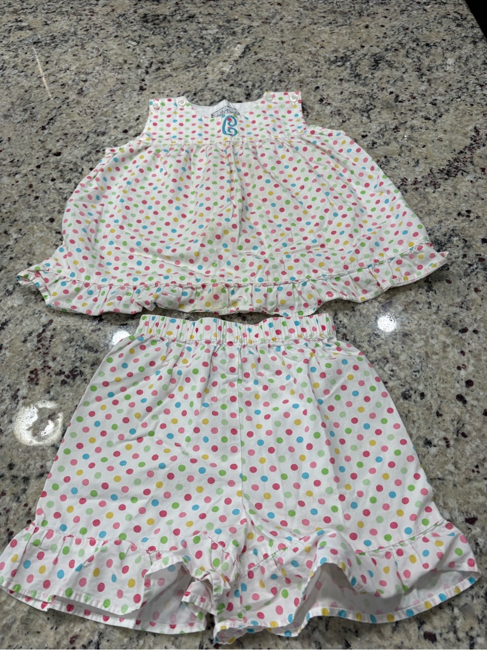 Lolly Dots tank and shorts in multicolor polka dots with a “C” size 5 girls